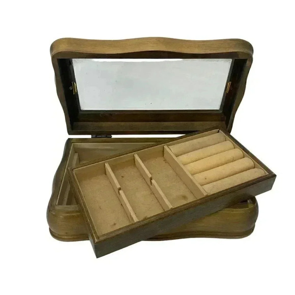 Wooden Earring Jewelry Storage Box Large Organizer Removable Divider Tray - Picture 2 of 11